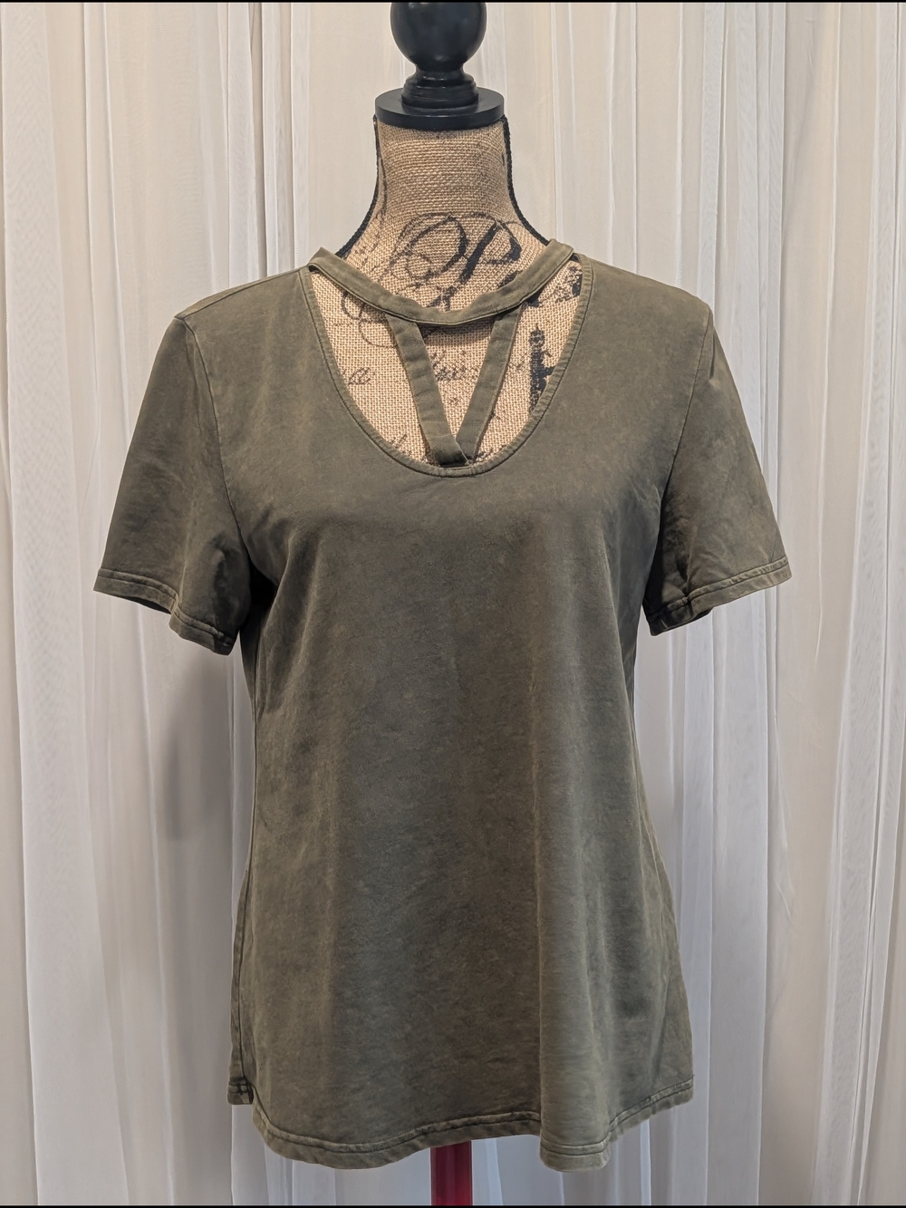 Love Riche Olive Green Short Sleeve Tee with V-Strap Detail